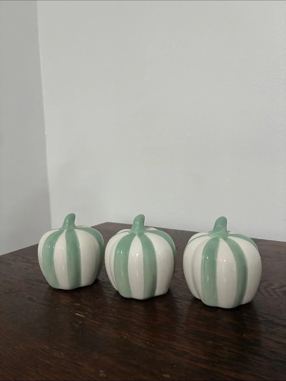NWT- Set of 3- White & Mint Green Stripe Ceramic Pumpkins